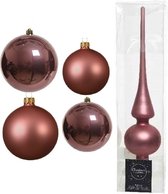 Compleet glazen kerstballen pakket oud roze glans/mat 38x stuks - 18x 4 cm en 20x 6 cm - Inclusief piek mat