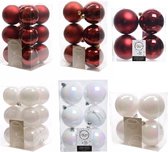 Kerstversiering kunststof kerstballen kleuren mix parelmoer wit/donkerrood 6-8-10 cm pakket van 44x stuks