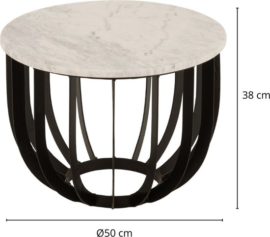 Table d'appoint ronde avec plateau en marbre blanc et structure en métal noir. Dimensions : 38 cm de haut, Ø 50 cm.