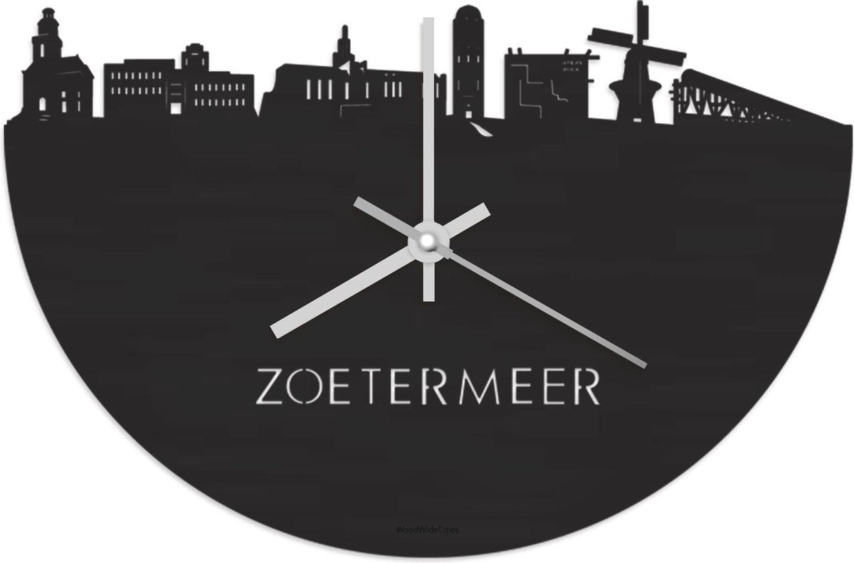 Skyline Klok Zoetermeer Zwart hout - Ø 40 cm - Stil uurwerk - Wanddecoratie - Meer steden beschikbaar - Woonkamer idee - Woondecoratie - City Art - Steden kunst - Cadeau voor hem - Cadeau voor haar - Jubileum - Trouwerij - Housewarming -