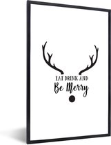Fotolijst incl. Poster - Quote "Eat, Drink and be Merry" wanddecoratie rendier wit - 80x120 cm - Posterlijst - Kerstmis Decoratie - Kerstversiering - Kerstdecoratie Woonkamer - Kerstversiering - Kerstdecoratie voor binnen - Kerstmis