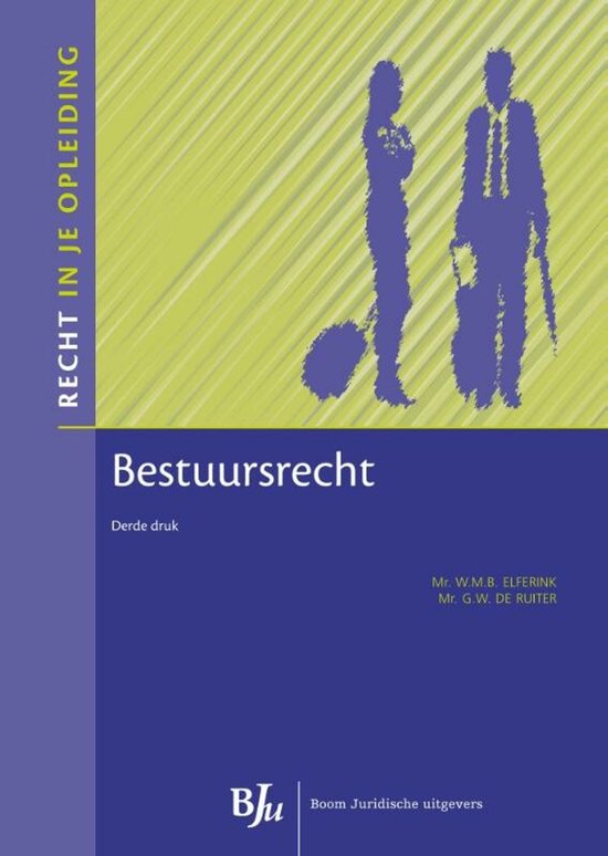 Boekomslag van Bestuursrecht, met een gestileerde afbeelding van twee figuren en de tekst 'Recht in je opleiding'.