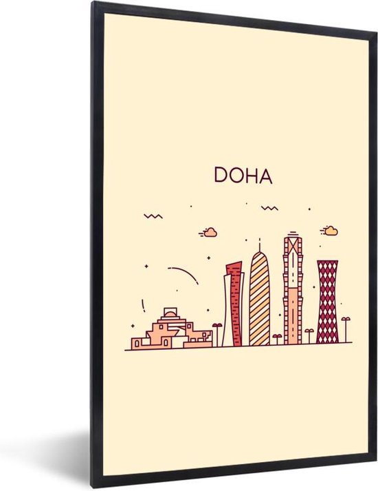 Poster in lijst - Fotolijst 60x90 cm - Posters - Skyline - Qatar - Doha - Posterlijst zwart - Decoratie - Wanddecoratie woonkamer - Muurdecoratie slaapkamer
