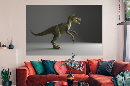 Canvas schilderij 150x100 cm - Wanddecoratie Velociraptor - Dinosaurus - Grijs - Muurdecoratie woonkamer - Slaapkamer decoratie - Kamer accessoires - Schilderijen op canvas