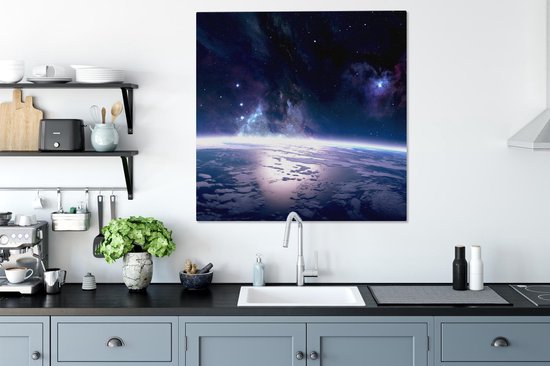 Toile Peinture Terre - Etoiles - Espace - 90x90 cm - Décoration murale