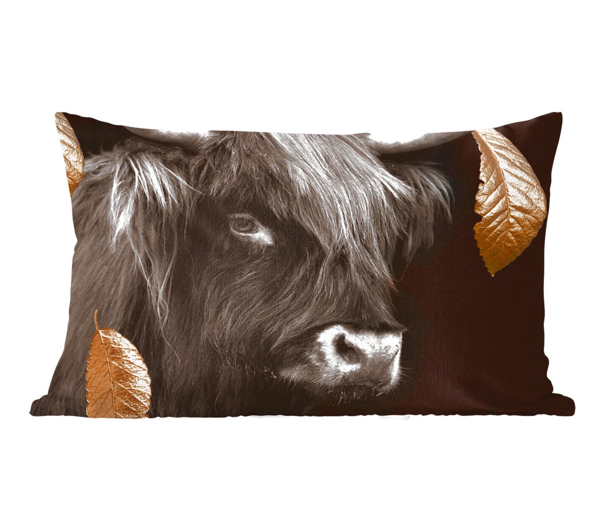 Sierkussens - Kussentjes Woonkamer - 50x30 cm - Goud - Schotse Hooglander - Bladeren