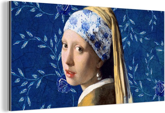 Wanddecoratie Metaal - Aluminium Schilderij - Delfts Blauw - Meisje Met