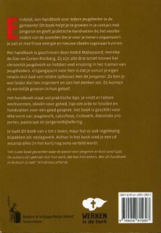 Achterkant van een boek met de titel 'Werken in de kerk - Handboek voor jeugdleiders' in het Nederlands.