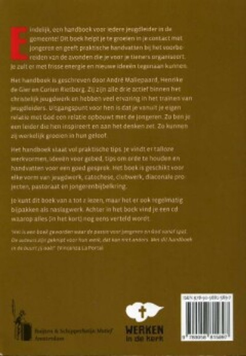 Achterkant van een boek met de titel 'Werken in de kerk - Handboek voor jeugdleiders' in het Nederlands.
