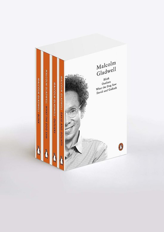 Malcolm Gladwell's 'Blink', 'Outliers', 'What the Dog Saw' en 'David and Goliath' gebonden in een boxset met een portret van Gladwell.