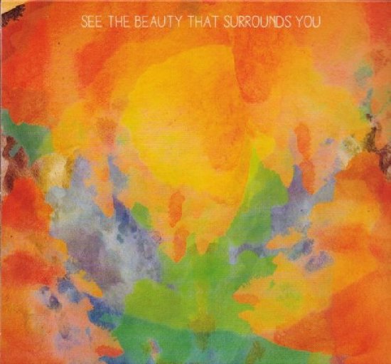 Peinture abstraite aux couleurs vives, dont l'orange, le jaune, le vert et le bleu. Texte blanc : 'SEE THE BEAUTY THAT SURROUNDS YOU'.