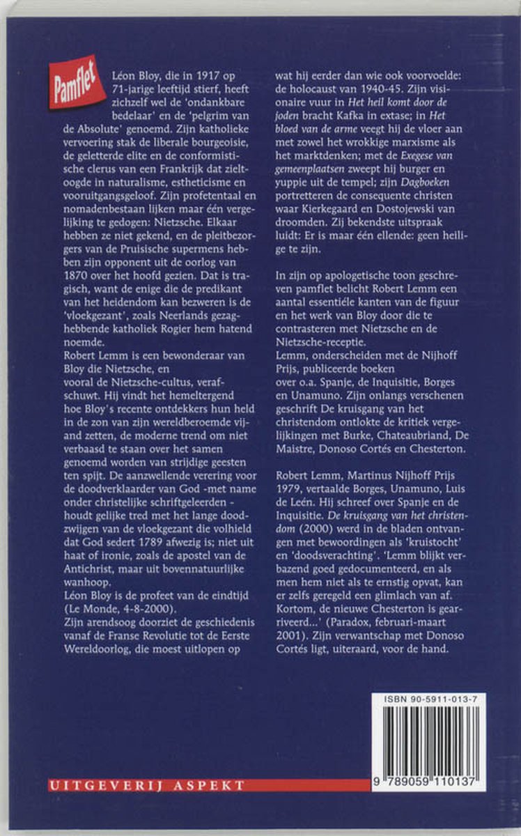 Achterkant van een boek met tekst. Titel: 'Pamflet'.