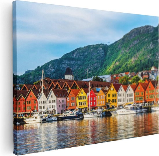 Artaza Canvas Schilderij Gekleurde Huizen in Byrggen, Noorwegen - Foto Op Canvas - Canvas Print