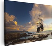 Artaza Canvas Schilderij Piratenschip aan de Kust bij Zonsondergang - 90x60 - Foto Op Canvas - Canvas Print - Muurdecoratie