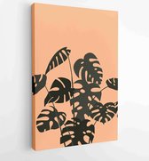 Abstracte moderne print met monstera bladeren op oranje achtergrond. Mode minimale trendy kunst in papier gesneden mozaïek vlakke stijl minimale posterprint. - Moderne schilderijen