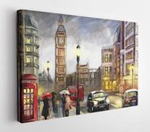 Olieverf op doek, uitzicht op straat Londen. Kunstwerk. Big Ben. Rode paraplu, bus en weg, telefoon. Zwarte auto - taxi. Engeland - Modern Art Canvas - Horizontaal - 667547179 - 115*75 Horizo