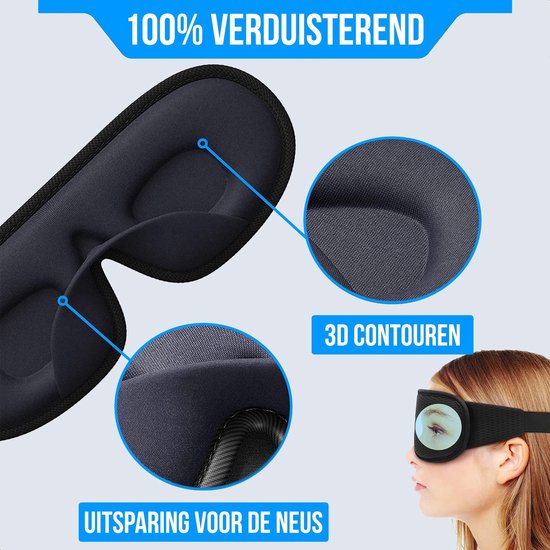 Zwart Strex slaapmasker, 100% verduisterend met 3D contouren en neusuitsparing.