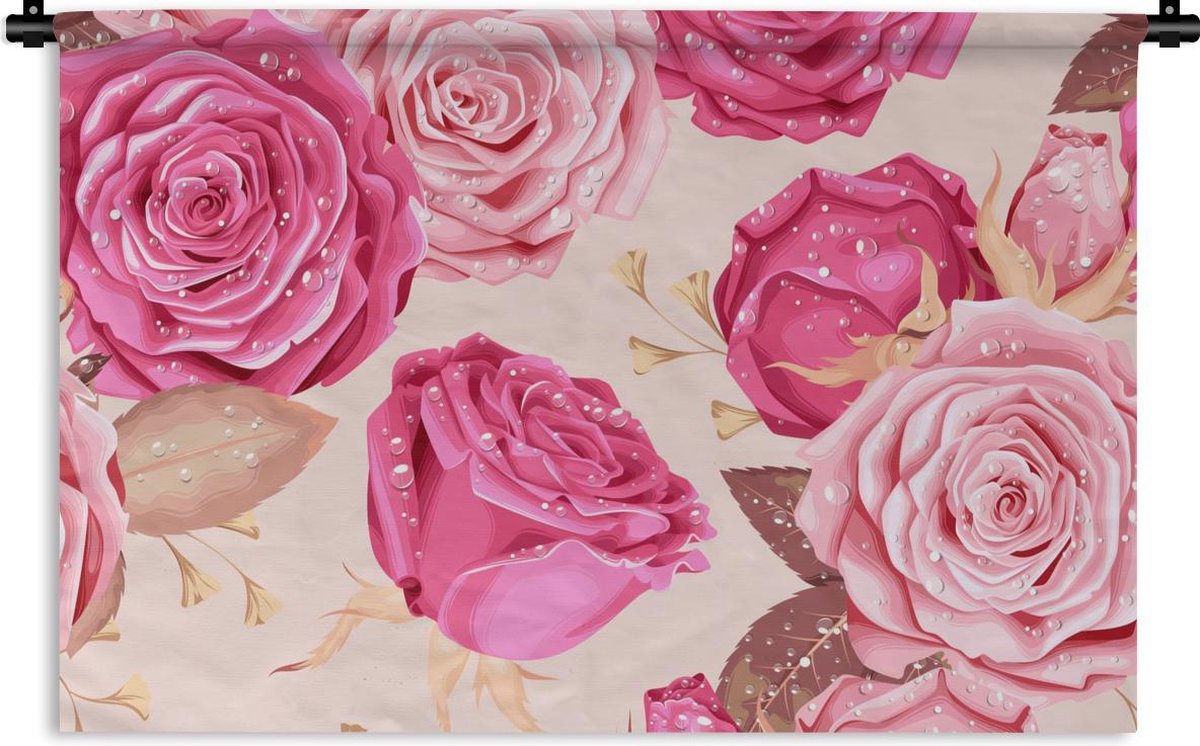 Wandkleed - Wanddoek - Rozen - Bloemen - Druppels - 150x100 cm - Wandtapijt