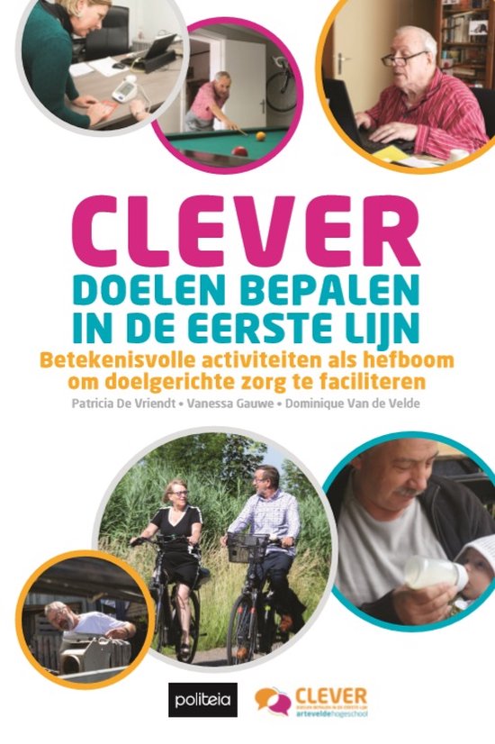 Livre intitulé 'CLEVER doelen bepalen in de eerste lijn'. Illustrations de personnes âgées faisant du vélo, jouant au billard, travaillant sur ordinateur portable et nourrissant un bébé.