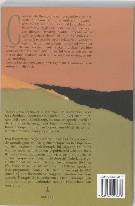 Achterkant boek 'Tussen geven en nemen' met tekst en abstract landschap. ISBN 978-9060206681.