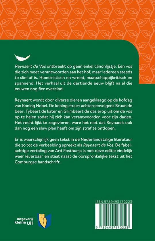 Achterzijde van Reynaert de Vos boek met tekst over het verhaal en uitgeverij.