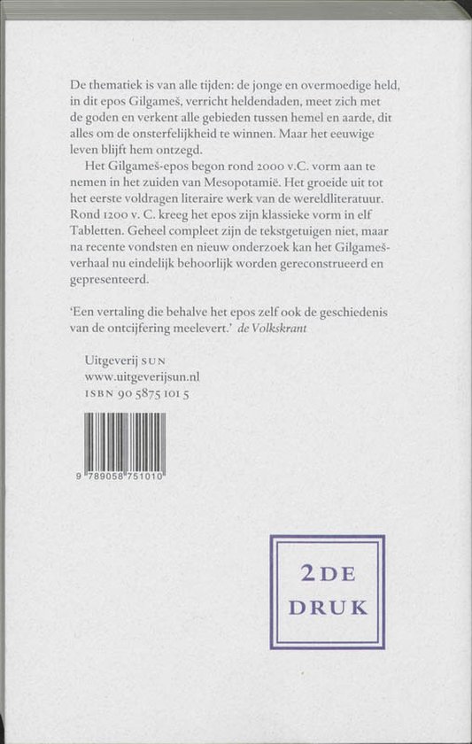 Achterkant boek met tekst over het Gilgames-epos en de vertaling. "Uitgeverij SUN", "2DE DRUK" en ISBN.