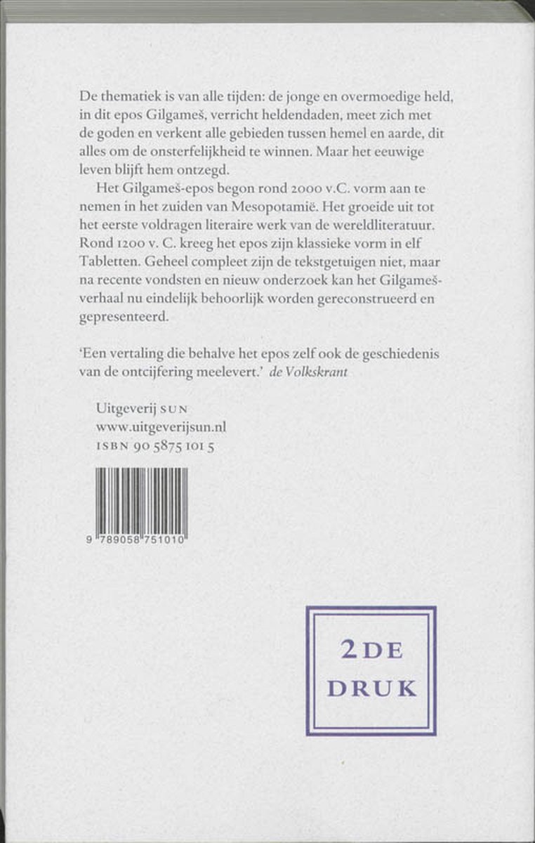 Achterkant boek met tekst over het Gilgames-epos en de vertaling. "Uitgeverij SUN", "2DE DRUK" en ISBN.