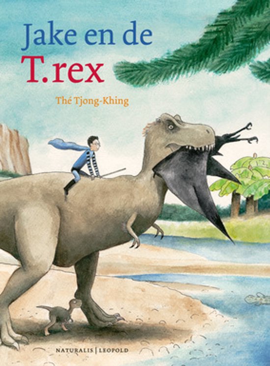 Een boek met een jongen op een T. rex die een vliegende dinosaurus vasthoudt.