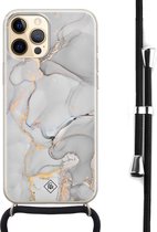 iPhone 12 hoesje met koord - Marmer grijs | Apple iPhone 12 crossbody case | Zwart, Transparant | Marmer