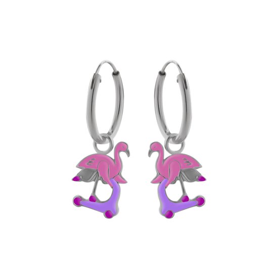 Oorbellen meisje zilver | Zilveren oorringen met hanger, flamingo op step