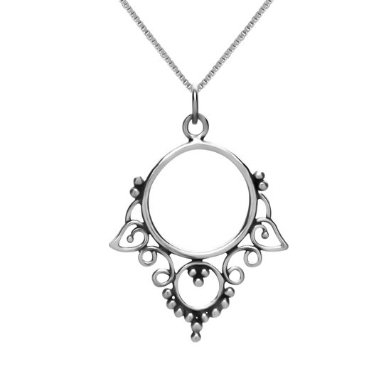 Zilveren ketting dames | Zilveren ketting met hanger, rijk gedecoreerde cirkel