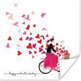 Poster Een illustratie van een vrouw op de fiets met een mand vol hartjes - 30x30 cm