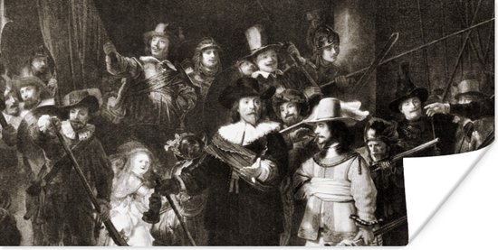 Poster De Nachtwacht in zwart-wit - Schilderij van Rembrandt van Rijn - 80x40 cm