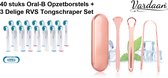 Vardaan Opzetborstels - Universeel - Professionele Tandenborstel + 3 Delige RVS Tongschraper Set Voor Mondverzorging - 40 stuks
