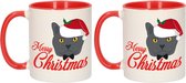 Set van 2x stuks cadeau kerstmokken rood Merry Christmas met grijze kat - 300 ml - mokken / bekers - kerstcadeau kattenliefhebbers