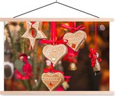 Posterhanger incl. Poster 90x60 cm - Schoolplaat - De hangende hartendecoratie op de markt van Trente tijdens kerst - Textielposter - Blanke latten
