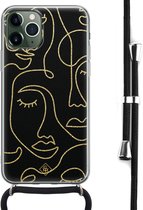 iPhone 11 Pro hoesje met koord - Abstract faces | Apple iPhone 11 Pro crossbody case | Zwart, Transparant | Geometrisch patroon