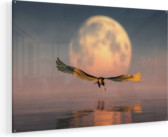 Artaza Glasschilderij - Adelaar boven het Water bij de Maan - 135x90 - Groot - Plexiglas Schilderij - Foto op Glas