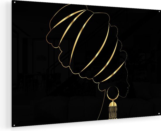 Artaza Glasschilderij - Afrikaanse Vrouw Met Gouden Zwarte Tulband - 120x80 - Groot - Plexiglas Schilderij - Foto op Glas