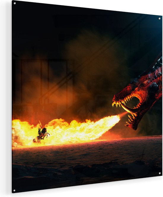 Peinture sur verre Artaza - Dragon respire le feu sur un cheval et un serviteur - 90x90 - Groot - Peinture sur plexiglas - Photo sur Glas