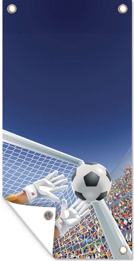 Wanddecoratie buiten Een illustratie van een keeper die de voetbal tegenhoudt - Jongetje - Meisjes - Kind - 80x160 cm - Tuindoek - Buitenposter