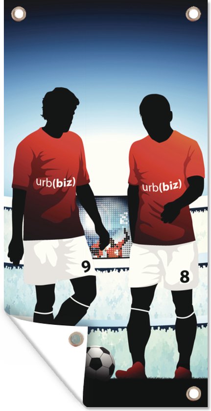 Wanddecoratie buiten Een illustratie van twee voetballers in een stadion - Jongens - Meiden - Kids - 80x160 cm - Tuindoek - Buitenposter