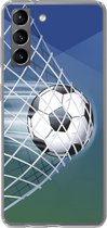 Geschikt voor Samsung Galaxy S21 hoesje - Een illustratie van een voetbal in het net -Jongens - Meisjes - Kinderen - Siliconen Telefoonhoesje