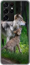 Geschikt voor Samsung Galaxy S21 Ultra hoesje - Wolf - Baby - Bos - Siliconen Telefoonhoesje