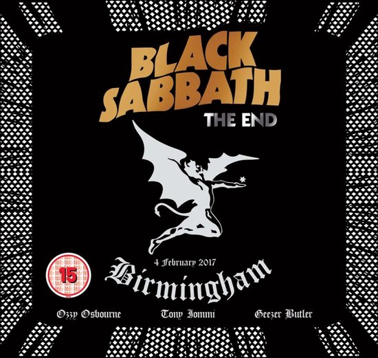 Black Sabbath 'The End' logo met duivel symbool, tekst 'Birmingham 4 February 2017' en leeftijdsclassificatie 15.