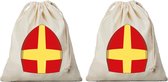 2x Mijter Sinterklaas cadeauzakje met sluitkoord - katoenen / jute zak - Sinterklaas kadozak voor pakjesavond