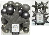 Kerstversiering kunststof kerstballen en hangers antraciet grijs 5-6-8 cm pakket van 39x stuks - Met ster vorm piek van 19 cm