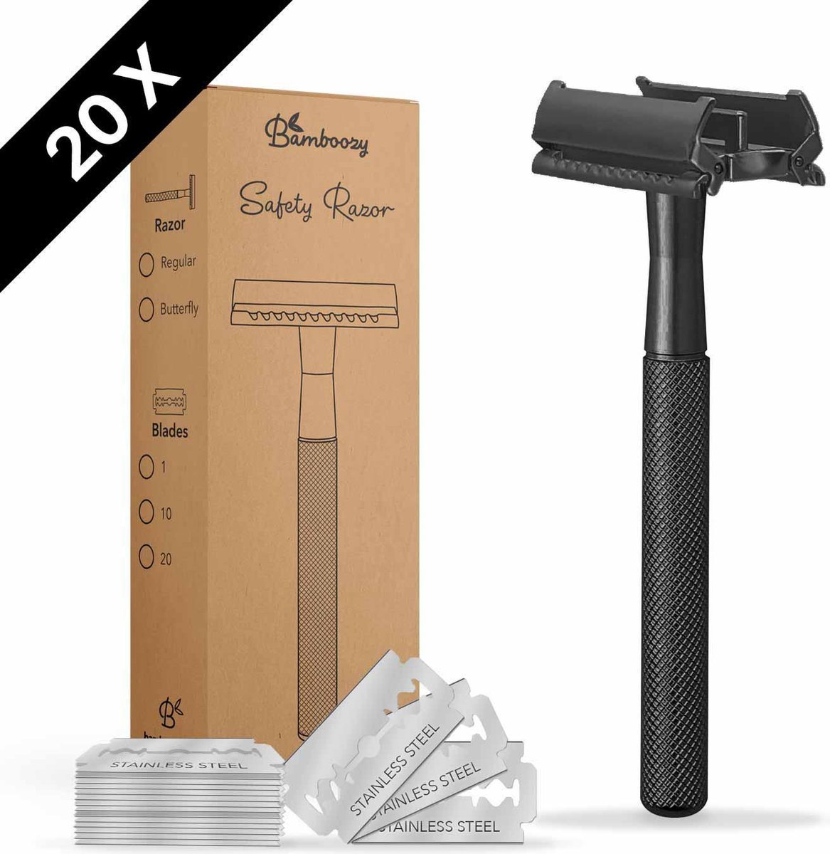 Bamboozy Safety Razor Vlindersluiting RVS + 20 scheermesjes Zwart Unisex Vrouwen Dames Mannen Heren Unisex Double Edge Zero Waste Scheren