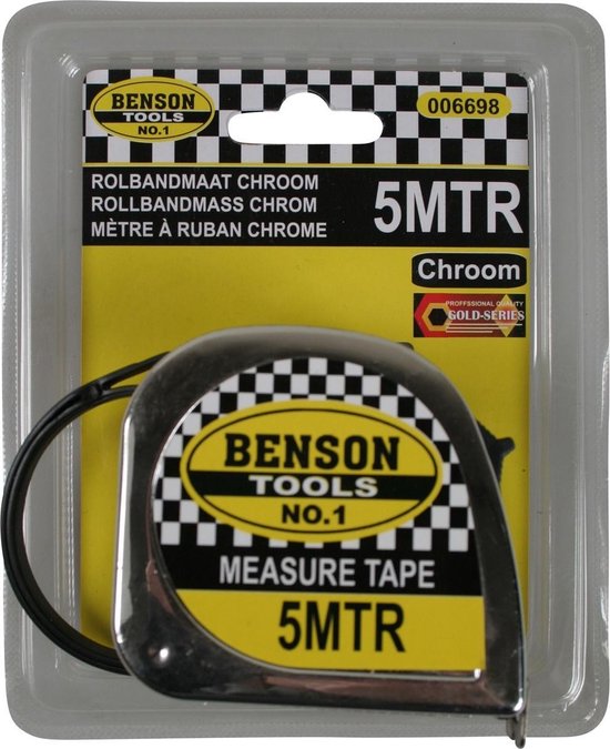 Benson rolmaat, chroom, in verpakking. De rolmaat heeft een zwart-geblokte opdruk en 5 meter lengte.