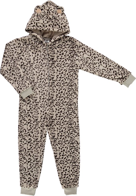 Zachte luipaard/cheetah print onesie voor dames wit maat S/M - Jumpsuit huispak met dierenprint
